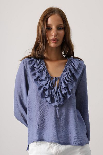 VAGGON Long Sleeve Blouse with Ruffle Collar