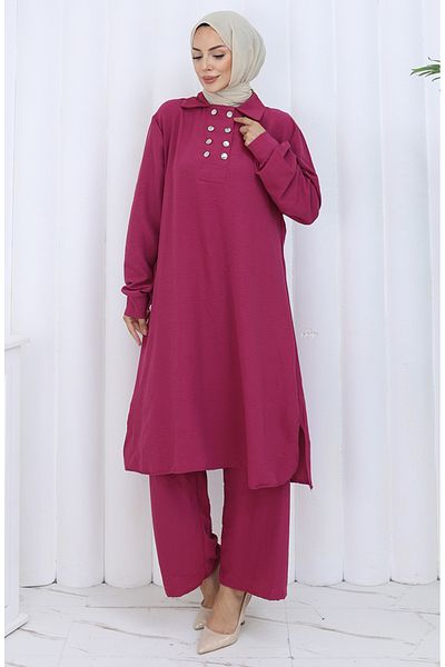sefamerve Pantaloni tunică cu nasturi dublu Set din două piese 2118-05 Cireș