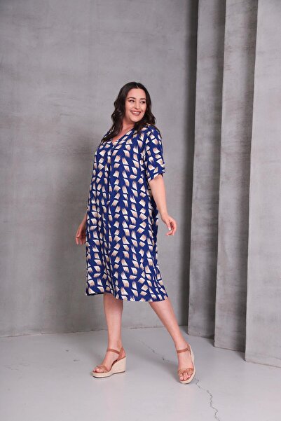 Ebsumu Women's Plus Size Self Patterned Woven Blue Dress