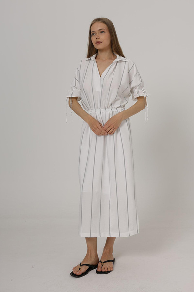 VAGGON Γυναικείο λευκό πουκάμισο με ριγέ φόρεμα με ελαστική μέση και μανίκια Vs00564
