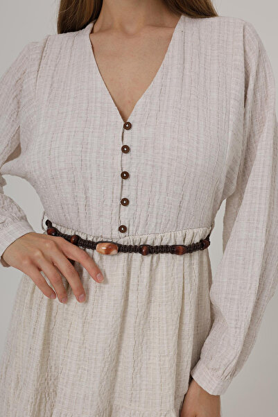 VAGGON Γυναικείο κρεμ φόρεμα με μακρύ μανίκι με ζώνη με μισό κουμπί μπροστά Vs00521