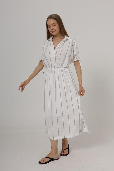 VAGGON Women's White Shirt Collar Waist and Sleeve Elastic Striped Dress Vs00564