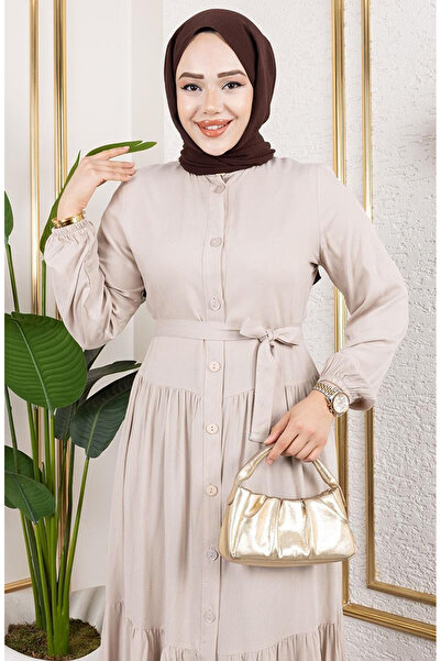 sefamerve Φόρεμα βισκόζης με κουμπί μπροστά 1124-06 Mink