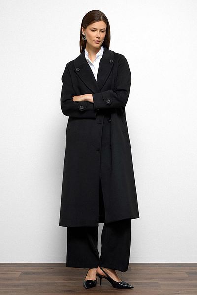 Olcay Punto Stitch Detailed Back Pleated Medium Length Cashmere Coat Black 3113