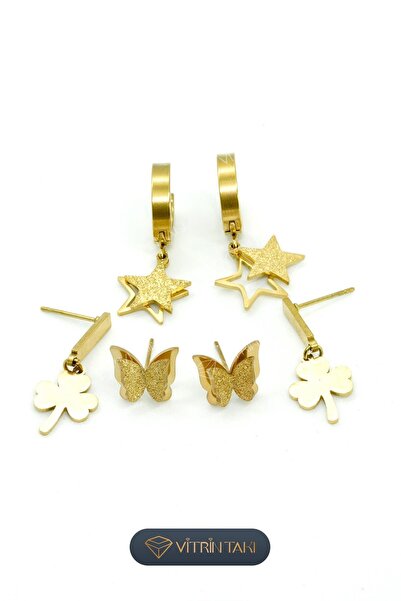 Çelik Yıldız ve Kelebek Figürlü Altın Renk 6'lı Küpe Set