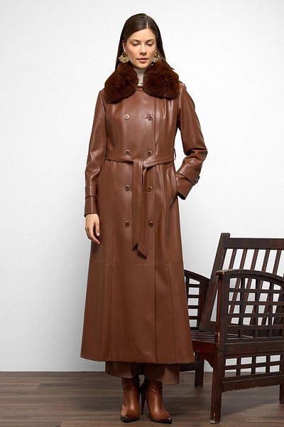 Olcay Double Breasted Leather Look Long Trench Coat with Detachable Fur Collar Taba 6676