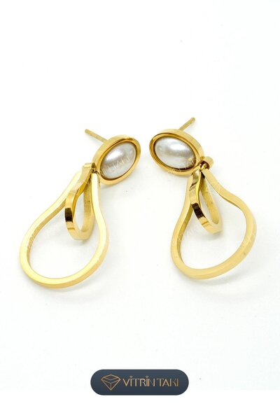 Çelik Taş Detaylı Altın Renk Küpe