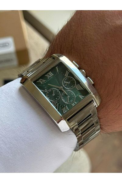 RoseandRoses Drest Quadrangle Case Men's Wrist Watch Silver (Green Dial)