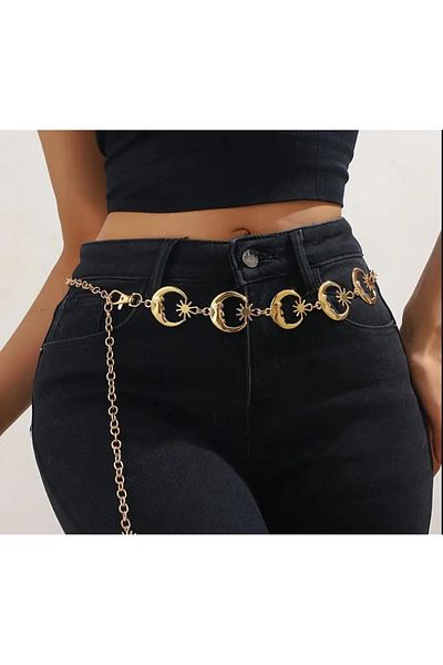 Mynoa Moon and Sun Figured, Chain Women's Belt, Waist Belt Pantalon Belt