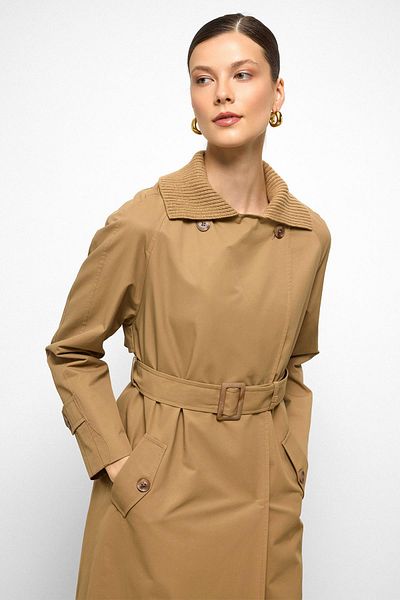 Olcay Rib Collar Raglan Sleeve Water Repellent Trench Coat Kamel 6758