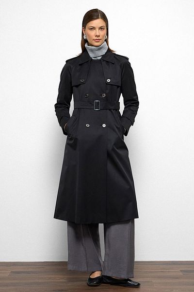 Olcay Reglan Sleeve Water Repellent Trench Coat with Epaulet and Cape Detail Black 6766
