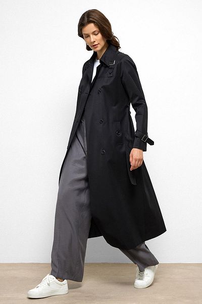 Olcay Double Breasted Shirt Collar Shoulder Belt Accessory Water Repellent Trench Coat Black 6763