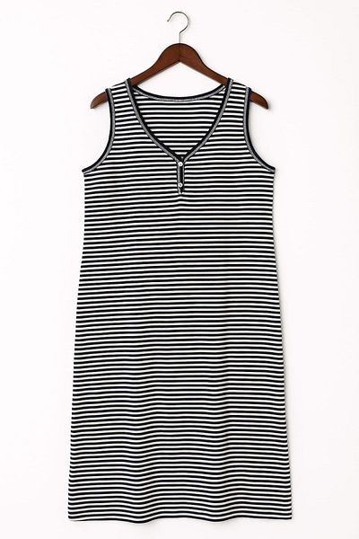 enmodaiçgiyim 100% Cotton Navy Blue White Striped Zero Sleeve Oversize Knee-Length Women's Dress