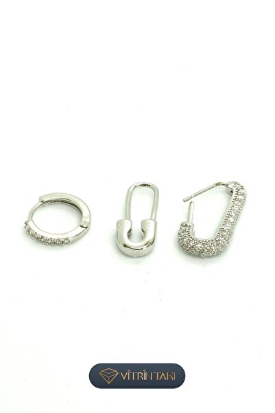 Çelik Firkete Figürlü Gümüş Renk 3'lü Küpe Set