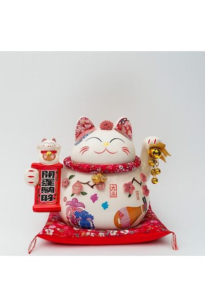 MOBI Lucky Decorative Cat with Red Lantern and Golden Bells, 20x15cm