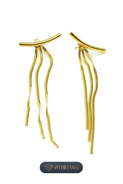 Çelik Sallantılı İtalyan Zincir Detaylı Altın Renk Küpe