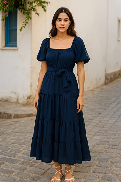 Ceylen Kare Yaka Kemerli Katlı Midi Elbise