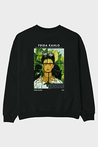 Ankhises سويت شيرت فريدا كاهلو أسود كبير الحجم مطبوع من الخلف للرجال والنساء ...