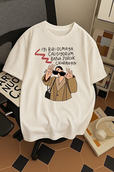 Madali Boutique İyi Biri Olmaya Çalışıyorum Baskılı Unisex Bisiklet Yaka Pamuk Oversize Boyfriend T-Shirt