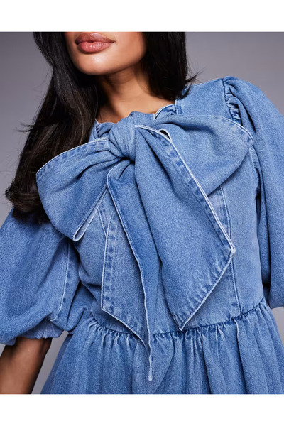 Şans Γυναικείο Μπλε σε μεγάλο μέγεθος, Λεπτομέρεια φιόγκου, Χαμηλό πίσω μέρος, Φούστα με μπαλόνι, Τζιν φόρεμα 65N39018