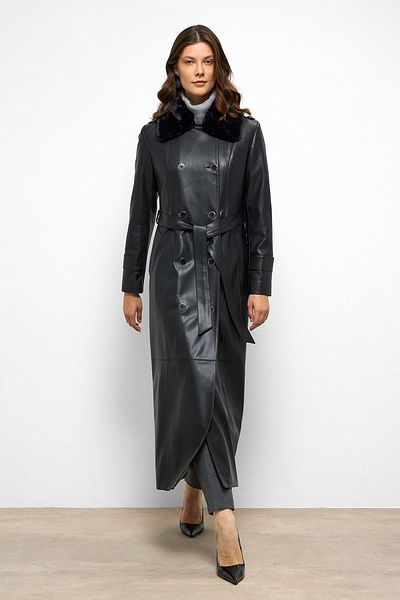 Olcay Double Breasted Leather Look Long Trench Coat with Detachable Fur Collar Black 6676