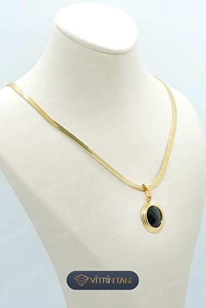 Çelik Siyah Taşlı İtalyan Zincir Altın Renk Kolye