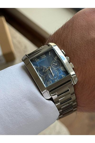 RoseandRoses Drest Quadrangle Case Men's Wrist Watch Silver (Navy Blue Dial)
