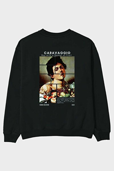 Ankhises سويت شيرت كارافاجيو بوي أسود كبير الحجم مطبوع من الخلف للرجال والنسا...