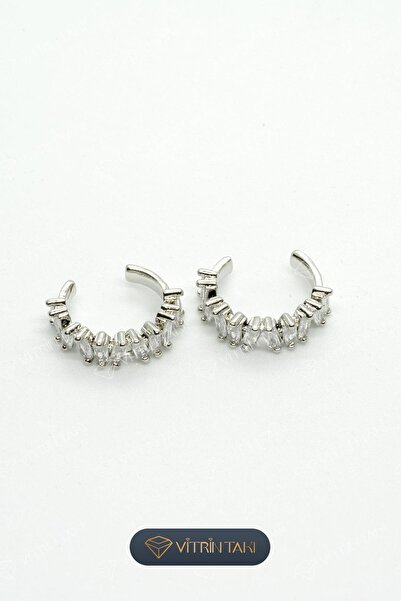 Çelik Taş Detaylı Gümüş Renk Vip Sıkıştırmalı Kıkırdak Küpe