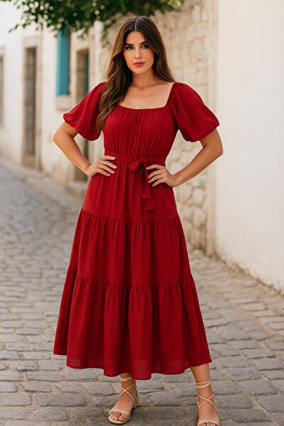 Ceylen Kare Yaka Kemerli Katlı Midi Elbise