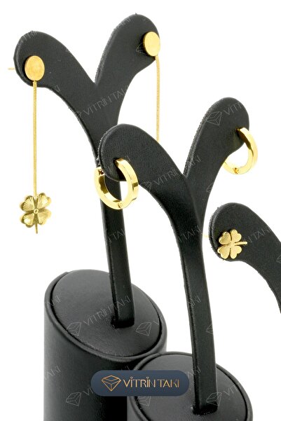 Çelik Yonca Figürlü Altın Renk 6'lı Küpe Set