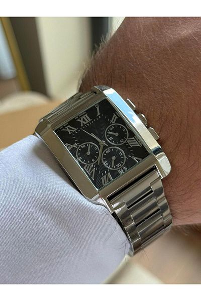 RoseandRoses Drest Quadrangle Case Men Wrist Watch Silver (Black Dial)