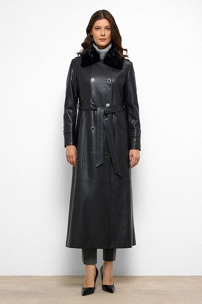 Olcay Double Breasted Leather Look Long Trench Coat with Detachable Fur Collar Black 6676