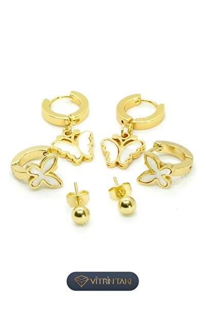 Çelik Kelebek Figürlü Altın Renk 6'lı Küpe Set