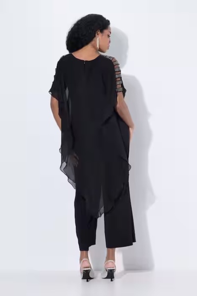 Şans Women's Plus Size Black, One-Piece Jersey, Chiffon Top, Shoulder Detail, Wide Leg Evening Dress Jumpsuit 65N39019