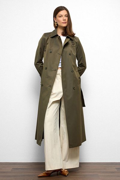 Olcay Double Breasted Shirt Collar Shoulder Belt Accessories Water Repellent Trench Coat A.Khaki 6763