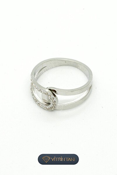 Çelik Taş Detaylı Gümüş Renk Ayarlanabilir Yüzük