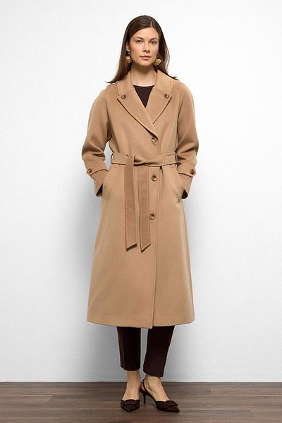Olcay Punto Stitch Detailed Back Pleated Medium Length Cashmere Coat Biscuit 3113
