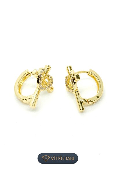 Çelik Taş Detaylı Altın Renk Küpe