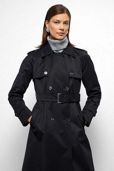 Olcay Reglan Sleeve Water Repellent Trench Coat with Epaulet and Cape Detail Black 6766