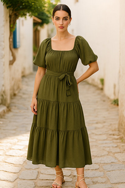 Ceylen Kare Yaka Kemerli Katlı Midi Elbise