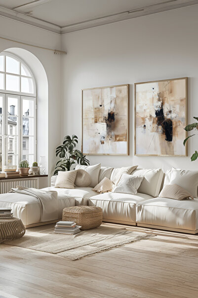 STARYUNA Yağlı boya efektli ahşap çerçeveli modern 2'li tablo seti Yuna173