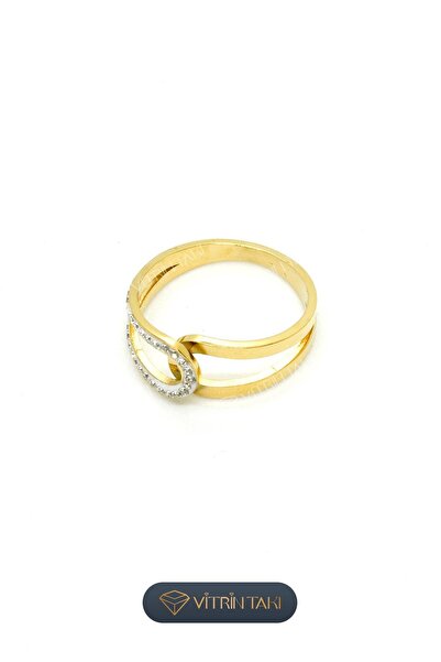 Çelik Taş Detaylı Altın Renk Ayarlanabilir Yüzük