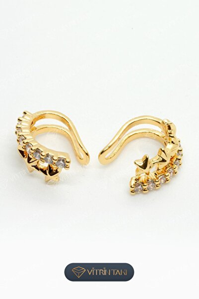 Çelik Yıldız Detaylı Altın Renk Vip Sıkıştırmalı Kıkırdak Küpe