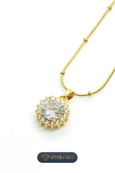Çelik Taş Detaylı Dorika Zincir Altın Renk Kolye