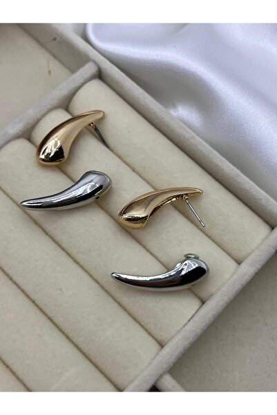 Yıldız Accessory Büyük Damla Altın ve Gümüş Renk Çelik Küpe
