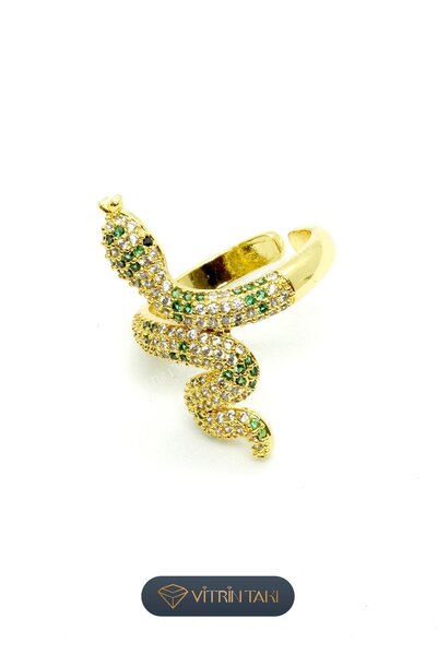 Çelik Yılan Figürlü Altın Renk Vip Ayarlanabilir Yüzük