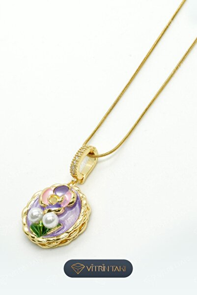 Çelik İnci Detaylı Çiçek Figürlü Altın Renk Kolye