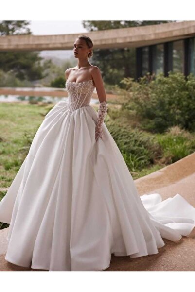 Zeliza Moda Evi Pool Collar Strapless Bodice Underwire Size Lace Skirt Satin Half Princess Design Wedding Dress