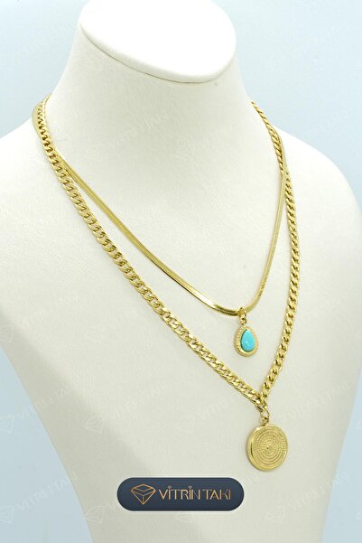 Çelik Mavi Taş Detaylı Altın Renk İkili Kolye